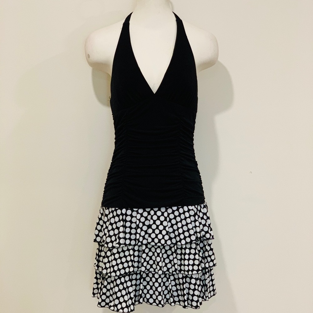 Black Halter Party Dress Black And White Polka Dot